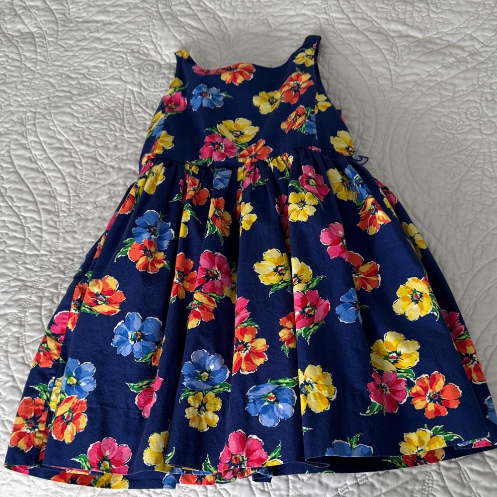 Polo by Ralph Lauren Navy Floral Cotton Girls Dress with Multi-Color Blooms